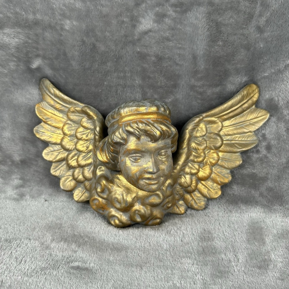 Vintage Ceramic Cherub Putto Wall Hanging Gold Painted Winged Baby Face Repaired